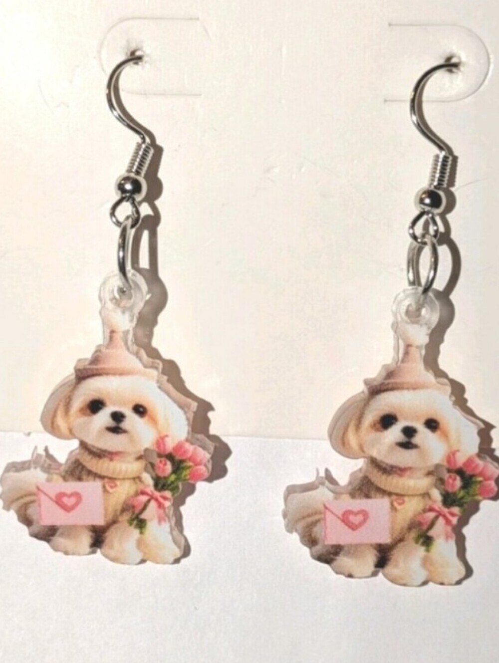 Cute Puppy Pendant Dangle Earrings in Cream and Pink For Kids And Adults